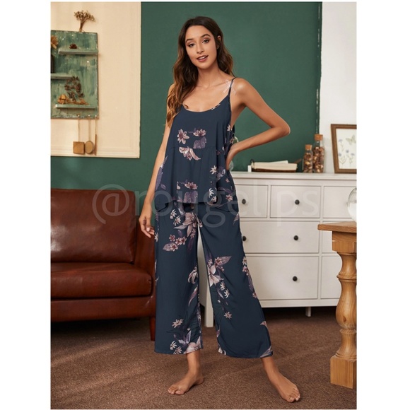 3 Piece Navy Blue Floral Print Pajama Set - Picture 3 of 6